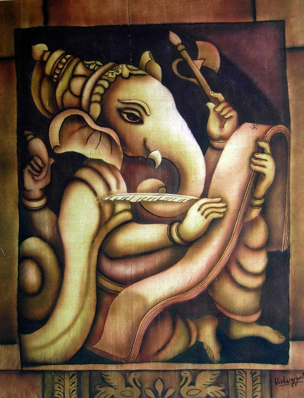 Religious airbrush painting titled 'Writing Ganesha I', 30x25 inches, by artist Vishwajyoti Mohrhoff on Canvas