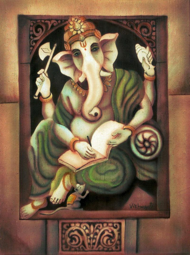 Religious airbrush painting titled 'Writing Ganesha II', 30x25 inches, by artist Vishwajyoti Mohrhoff on Canvas