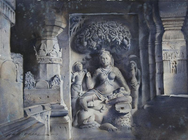 Religious watercolor painting titled 'Yakshi Siddhayika Under Mango Tree', 22x30 inches, by artist Amit Dhane on Paper