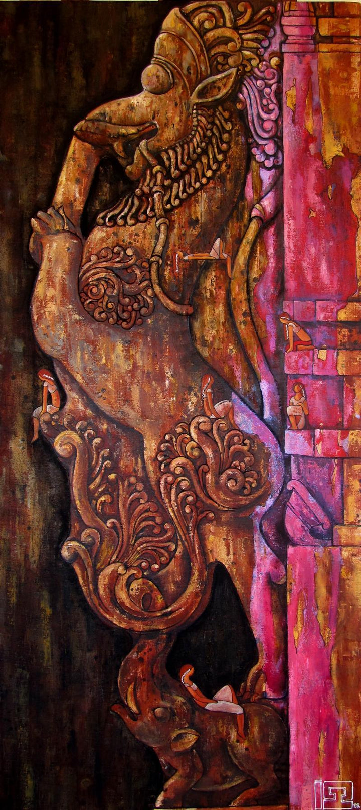 Surrealist oil painting titled 'Yali The Protector Of The Gates', 60x24 inches, by artist Suruchi Jamkar on Canvas