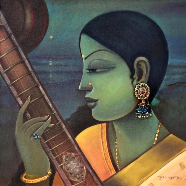 Figurative acrylic painting titled 'Yaman Kalyan', 24x24 inches, by artist Sumon Naskar on Canvas