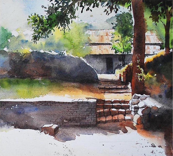 Landscape watercolor painting titled 'Yard', 20x19 inches, by artist Ramdas Thorat on Paper