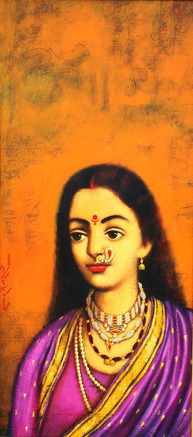 Figurative acrylic painting titled 'Yashoda', 48x22 inches, by artist Shankar Devarukhe on Canvas