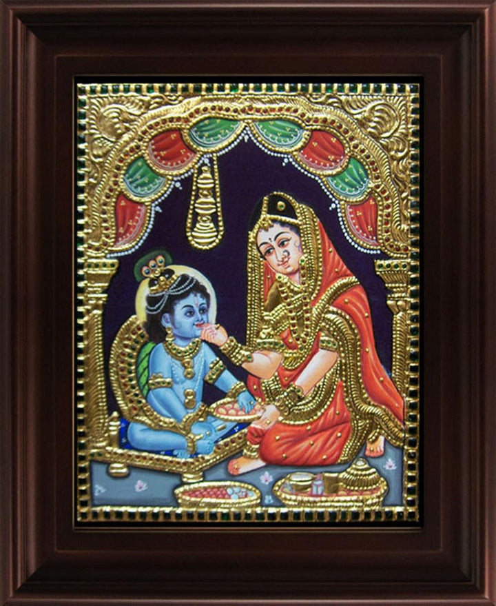 Religious tanjore traditional art titled 'Yashoda Krishna Tanjore Painting', 24x18 inches, by artist Myangadi Tanjore on Plywood