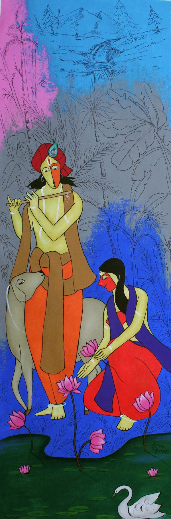 Fashion acrylic painting titled 'Yashoda nandan', 70x22 inches, by artist Chetan Katigar on Canvas