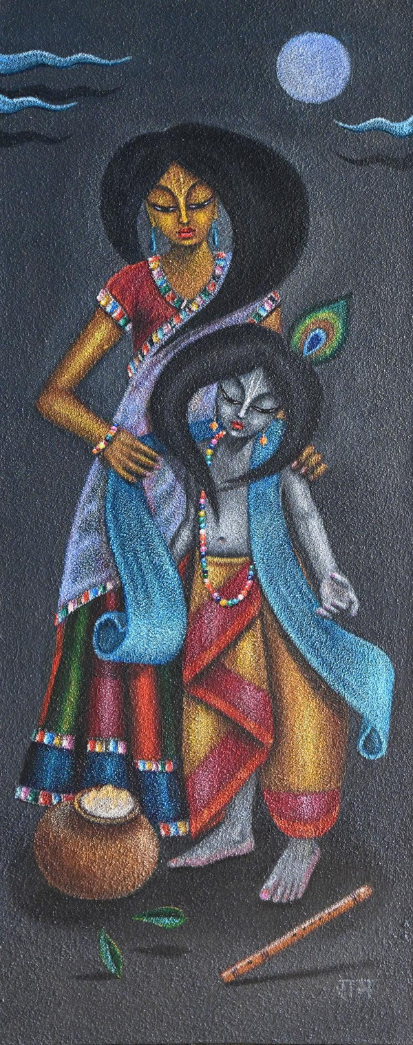 Religious acrylic painting titled 'Yashoda Nandana', 60x24 inches, by artist Prem Krishna Das on Wood dust on canvas