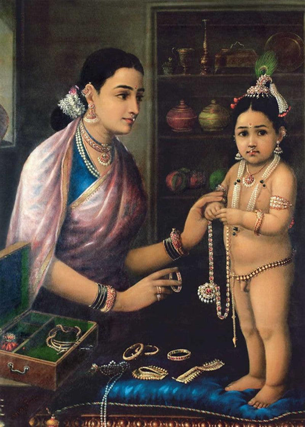 Figurative oil painting titled 'Yashodha Adorning Krishna', 36x26 inches, by artist Raja Ravi Varma Reproduction on Canvas