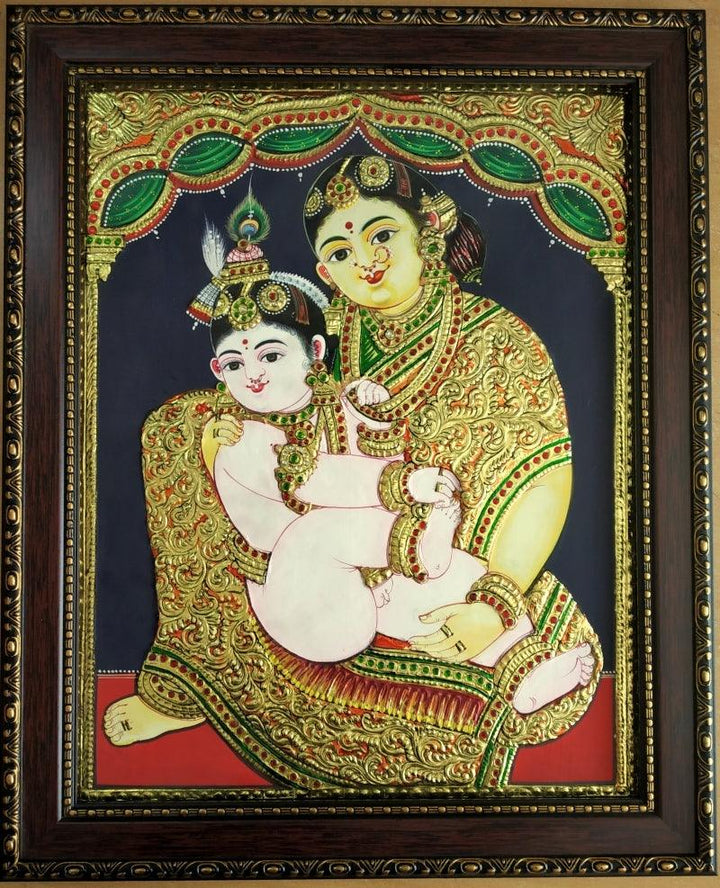 Religious tanjore traditional art titled 'Yashodha krishna Tanjore Painting 3', 20x16 inches, by artist VANI VIJAY on Plywood