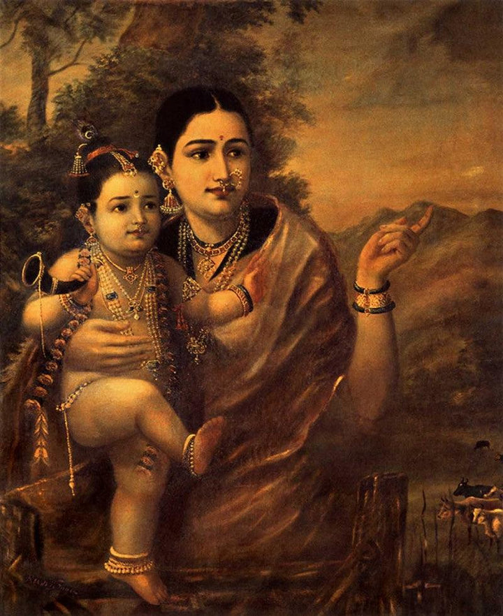 Figurative oil painting titled 'Yasoda Krishna', 36x30 inches, by artist Raja Ravi Varma Reproduction on Canvas