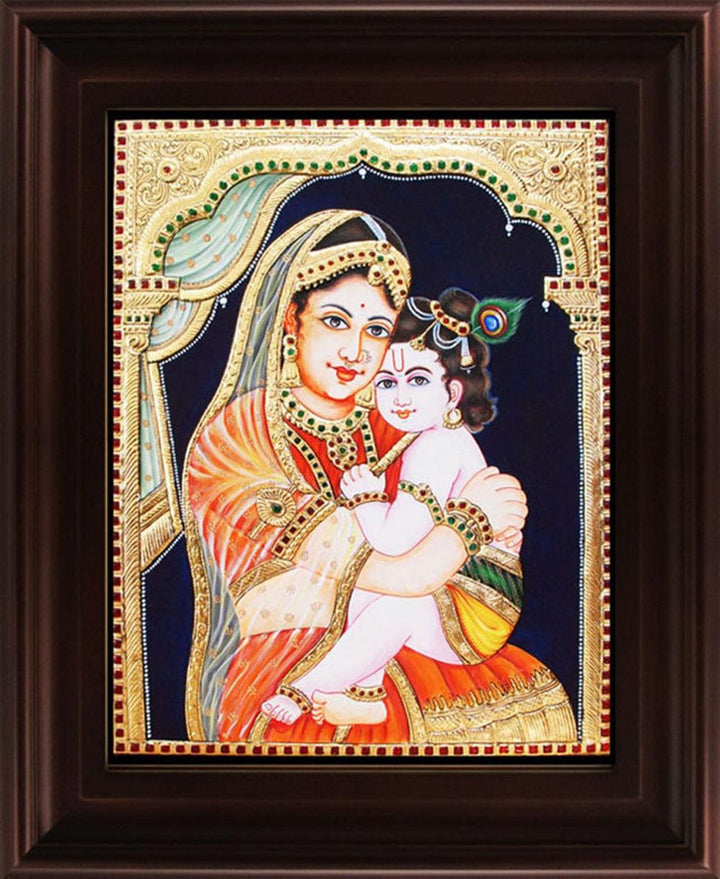 Religious tanjore traditional art titled 'Yasotha Krishna Tanjore Painting', 24x18 inches, by artist Myangadi Tanjore on Plywood