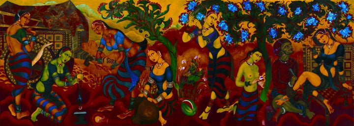 Figurative serigraphs painting titled 'Yayati Madhyahna Series', 120x176 inch, by artist A Ramachandran on Paper