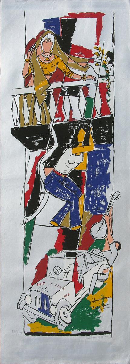 Figurative serigraphs painting titled 'Yeh Kaun Sa Modh Hai Umar Ka 9', 40x14 inches, by artist M. F. Husain on Paper