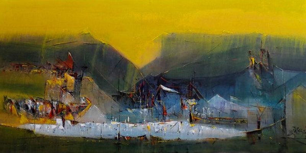 Abstract acrylic painting titled 'Yellow 2', 24x48 inches, by artist Dnyaneshwar Dhavale on canvas