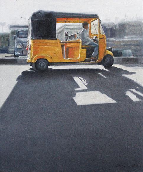 Cityscape oil painting titled 'Yellow Auto', 21x18 inches, by artist Uday Farat on Canvas Board