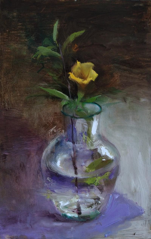 Still-life oil painting titled 'Yellow Beauty', 12x8 inches, by artist SURABHI GULWELKAR on Board