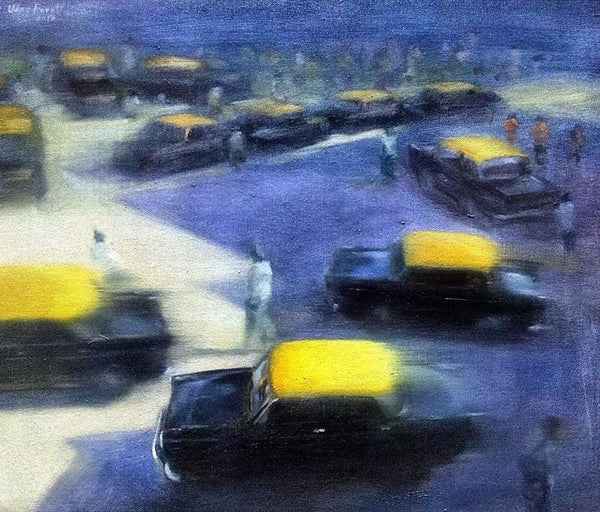 Cityscape oil painting titled 'Yellow Black 1', 21x24 inches, by artist Uday Farat on Canvas