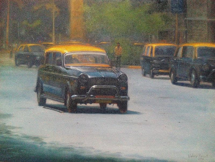 Cityscape oil painting titled 'Yellow Black 2', 25x19 inches, by artist Uday Farat on Canvas