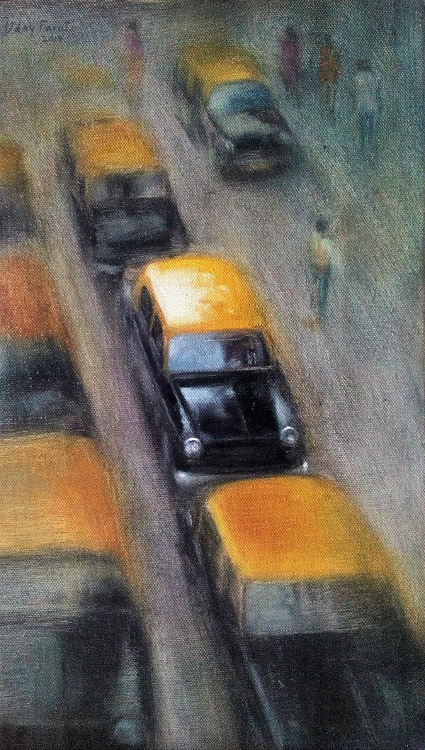 Cityscape oil painting titled 'Yellow Black 3', 10x17 inches, by artist Uday Farat on Canvas