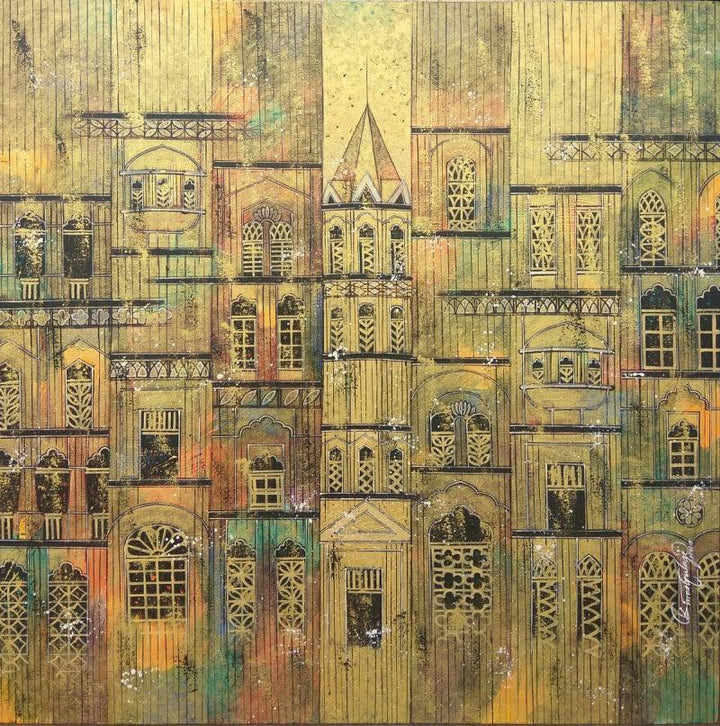 Cityscape acrylic painting titled 'Yellow City 2', 36x36 inches, by artist Suresh Gulage on Canvas