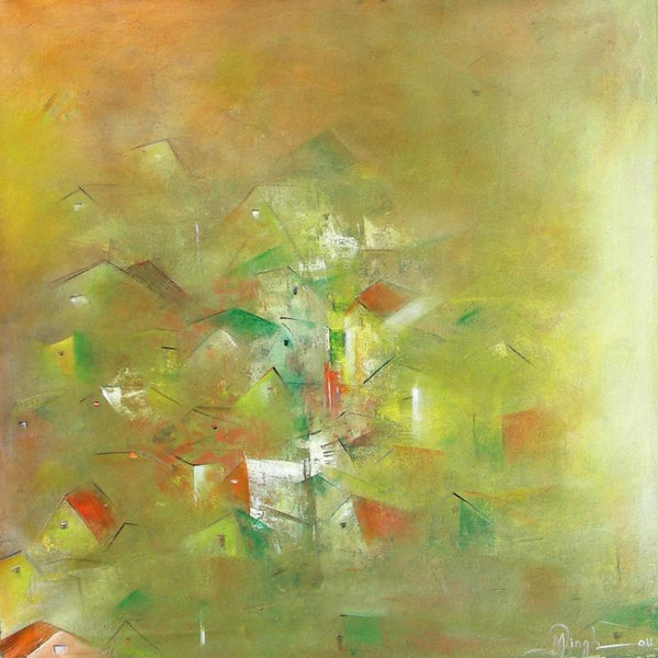 Abstract acrylic painting titled 'Yellow City Abstract', 34x34 inches, by artist M Singh on Canvas