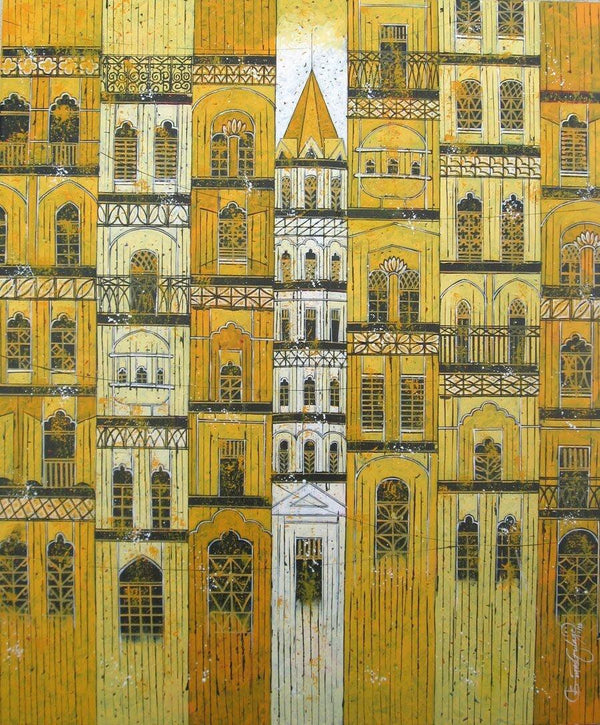 Cityscape acrylic painting titled 'Yellow City', 36x30 inches, by artist Suresh Gulage on Canvas