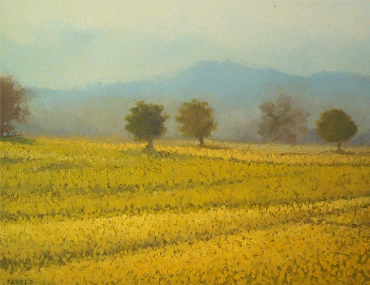 Landscape oil painting titled 'Yellow farm', 18x14 inches, by artist Fareed Ahmed on Canvas Board