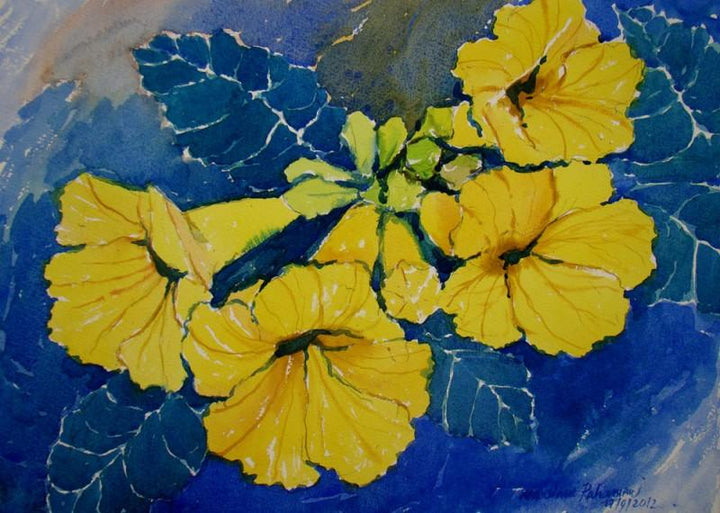 Nature watercolor painting titled 'Yellow Flower', 15x11 inches, by artist Jiaur Rahman on Paper