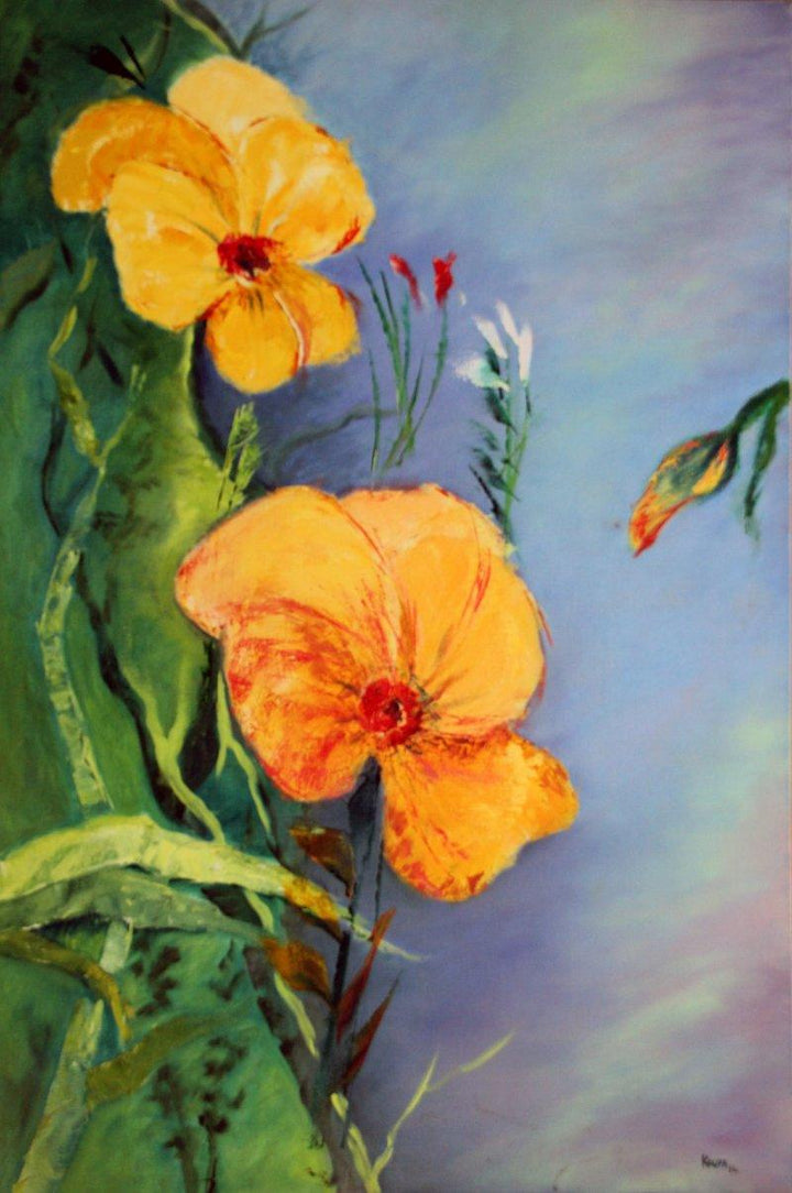 Nature oil painting titled 'Yellow Flowers', 36x24 inches, by artist Krupa Shah on Canvas