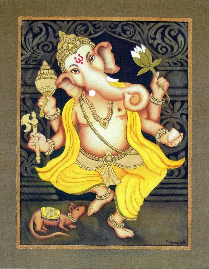 Religious airbrush painting titled 'Yellow Ganesha', 34x28 inches, by artist Vishwajyoti Mohrhoff on Canvas