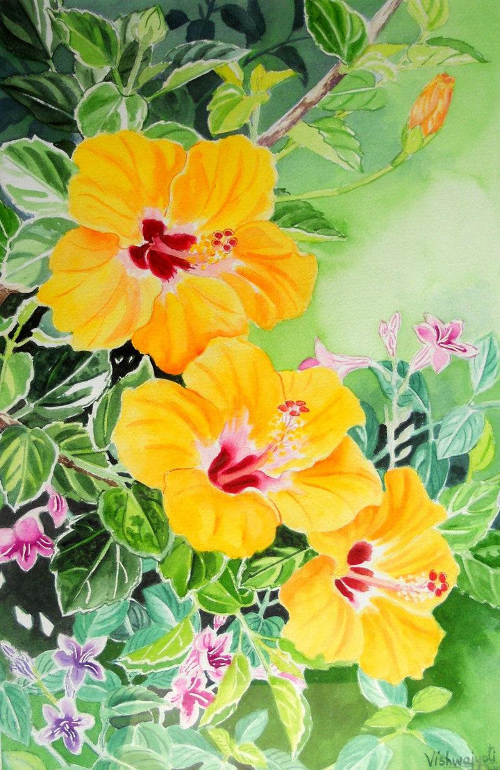 Photorealistic watercolor painting titled 'Yellow Hibiscus And Asystasia Intrusa B', 18x12 inches, by artist Vishwajyoti Mohrhoff on Campap Paper