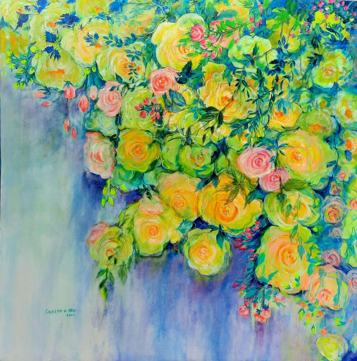 Nature acrylic painting titled 'Yellow Roses', 48x48 inch, by artist Surekhah Matt on Canvas