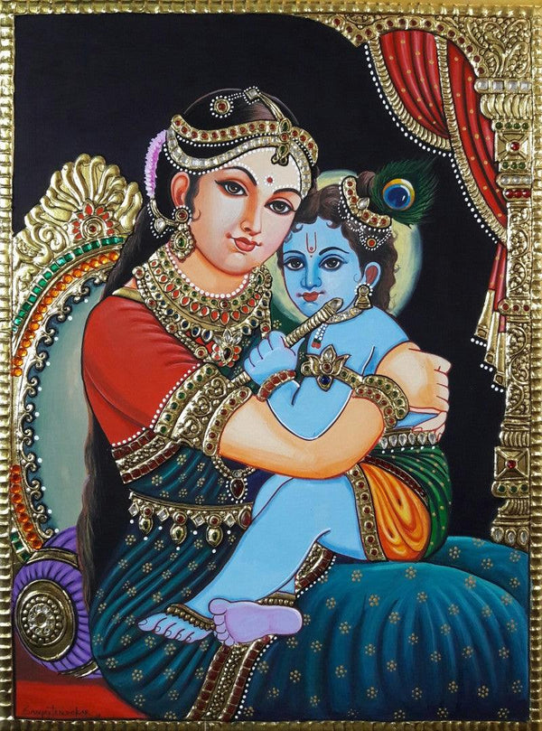 Religious tanjore traditional art titled 'Yeshoda Krishna', 24x18 inches, by artist Sanjay Tandekar on Cardboard