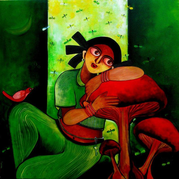 Figurative acrylic painting titled 'YOCHANA', 36x36 inches, by artist Sharmi Dey on Canvas