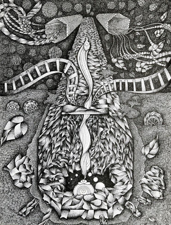 contemporary pen ink drawing titled 'Yoga Nilai', 15x12 inches, by artist V Vasandan on Paper