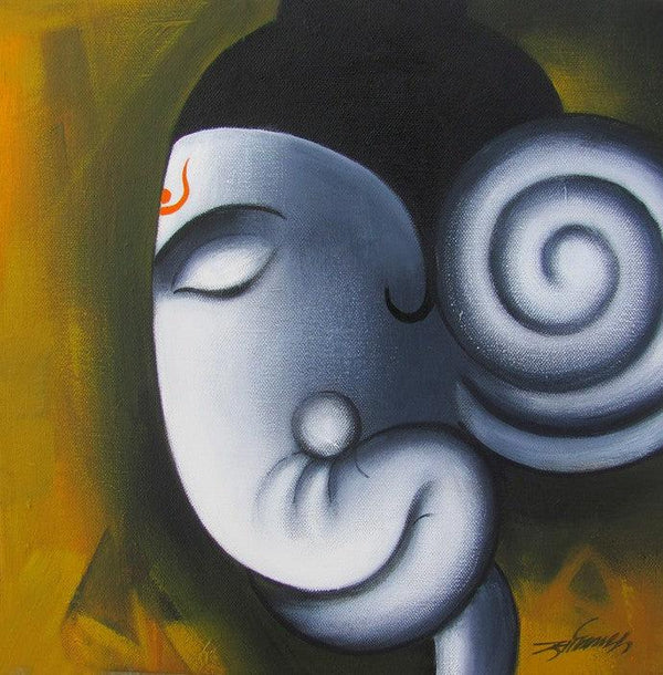 Religious acrylic painting titled 'Yogdeepa Ganesha', 12x12 inches, by artist Somnath Bothe on Canvas