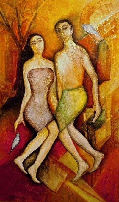 Figurative mixed media painting titled 'You And I', 60x36 inches, by artist Shuchi Khanna on Canvas