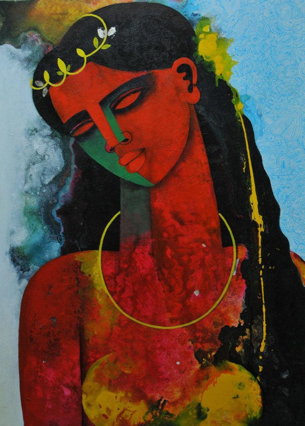 Figurative acrylic painting titled 'Young Queen', 36x26 inches, by artist Appam Raghavendra on Canvas