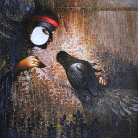 Figurative acrylic painting titled 'Yugabatar', 36x36 inches, by artist Arabinda Samanta on Canvas