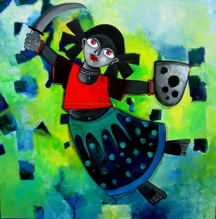 Fantasy acrylic painting titled 'Yuvakumari', 30x30 inches, by artist Sharmi Dey on Canvas