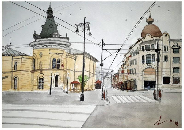 Cityscape watercolor painting titled 'Zagreb Croatia', 7x11 inches, by artist Arunava Ray on Paper