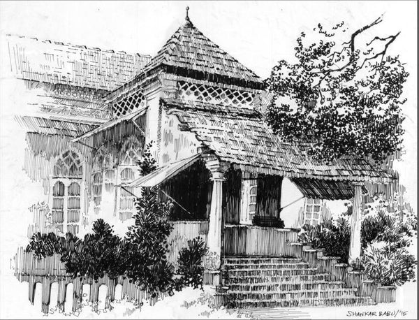 Scenic pen drawing titled 'Zamindar House', 11x14 inches, by artist Sankara Babu on Paper