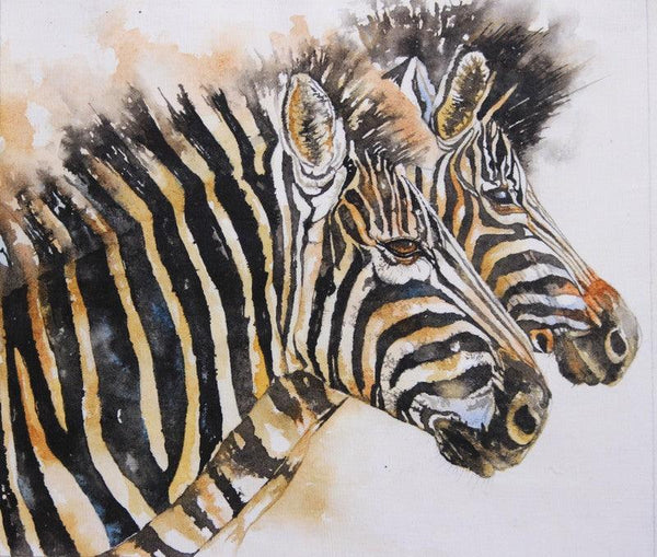 Animals watercolor painting titled 'Zebras', 8x10 inches, by artist Anjana Sihag on Khadi Cotton Fabric